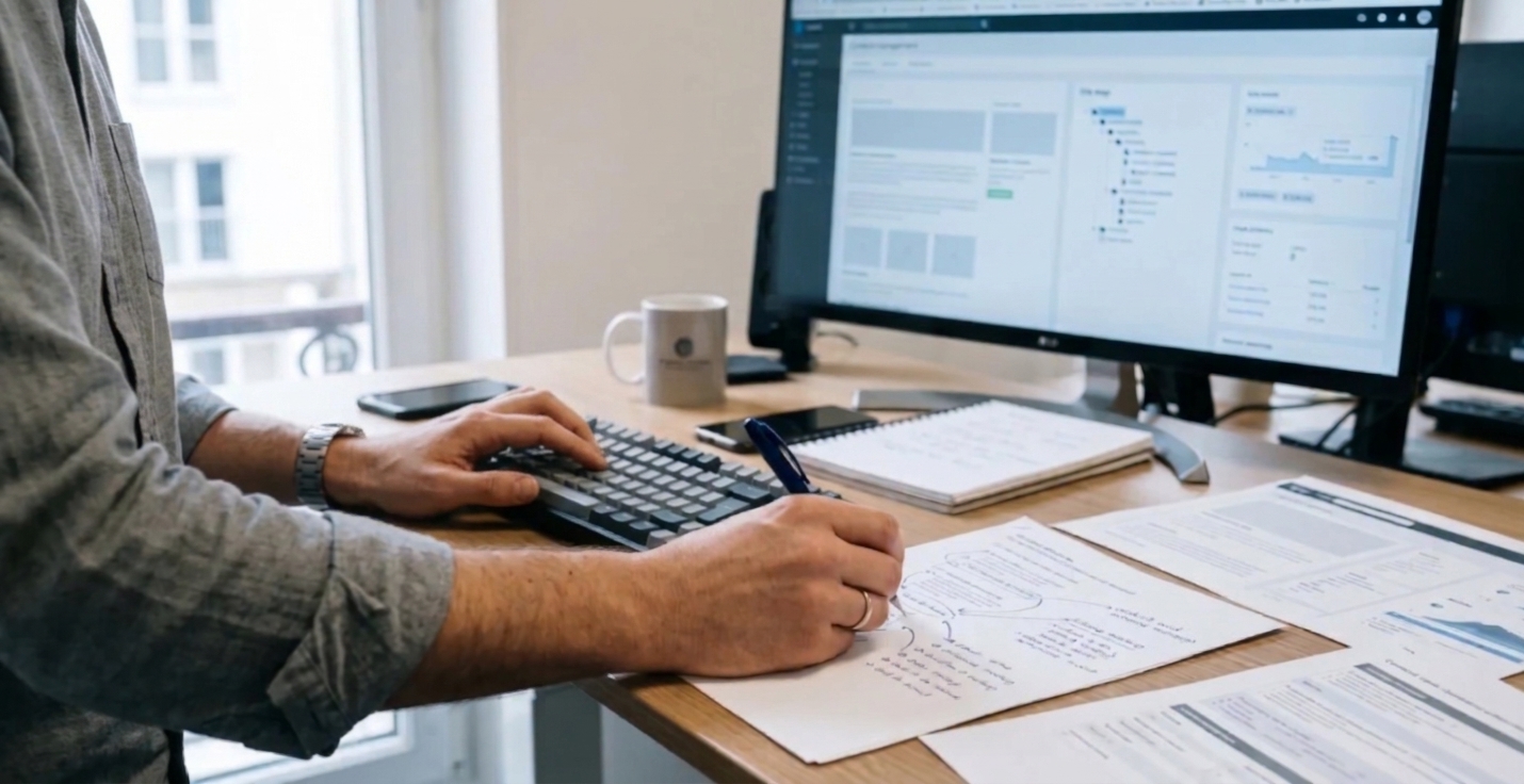 Gros plan sur les mains d'un consultant restructurant un contenu web sur écran tout en annotant un document imprimé.