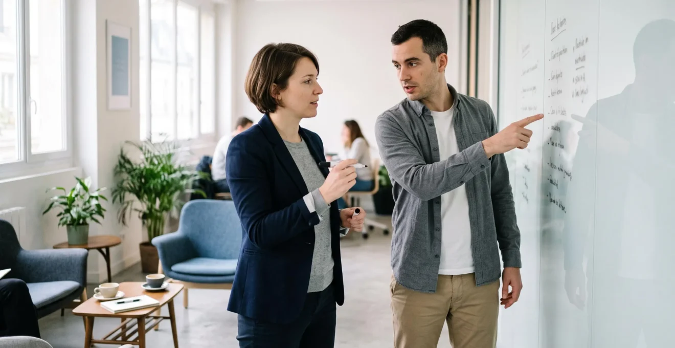 Deux professionnels comparent des critères de sélection notés sur un mur vitré dans une agence digitale.